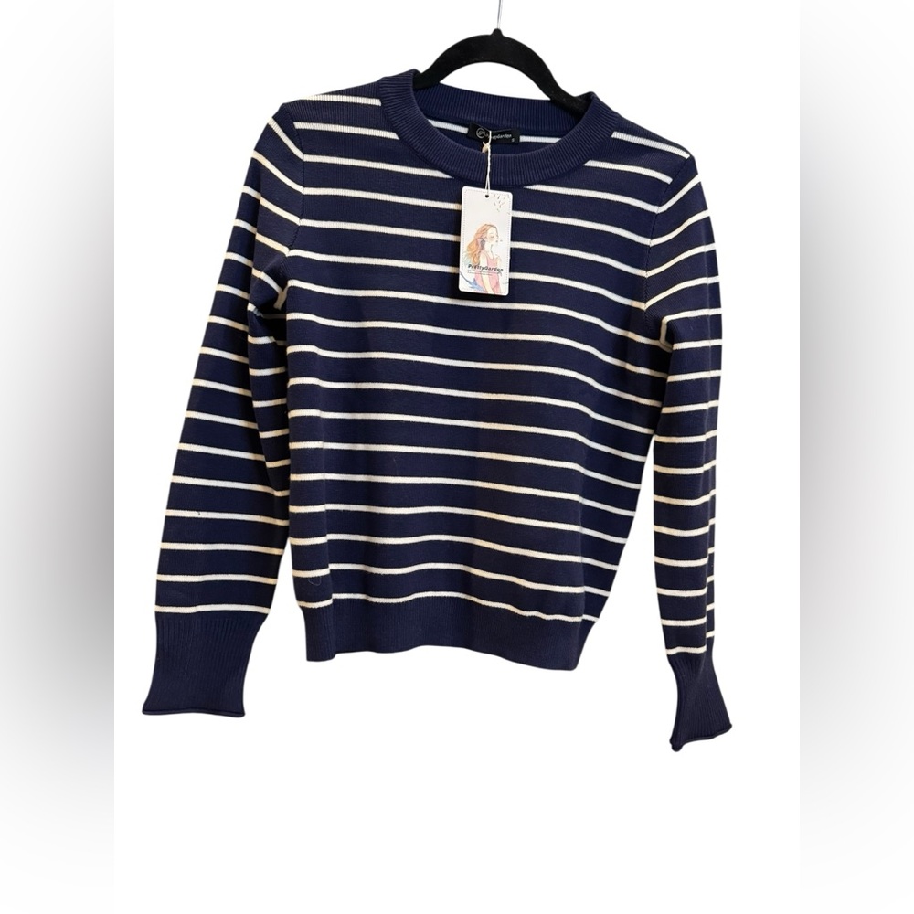 Classic Navy and White Striped Women's Sweater with buttons on sleeve crew neck